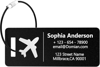 4 Personalized Metal Luggage Tags, Laser Engrave Name and Logo, Custom Aluminum Suitcase Tags with Steel Ring, for Travel, Backpack, Baggage (Black)