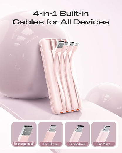 20000mAh Power Bank Fast Charging, Portable Charger with 4 Built-in Cables & 6 Outputs, 20W PD USB C Battery Pack Compatible with iPhone 16/15, Galaxy, Android, iPad & More (Travel Essential)