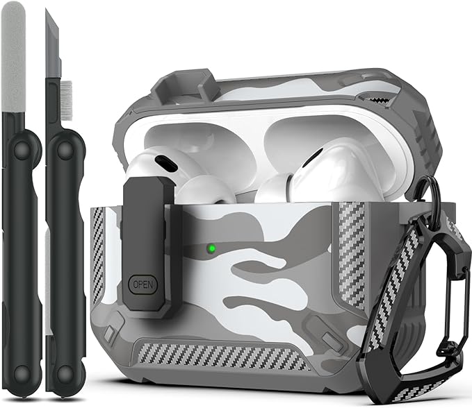 RFUNGUANGO for AirPods Pro 2nd Generation Case Cover with Cleaner Kit, Military Hard Shell Protective Armor with Lock for AirPod Gen 2 Charging Case2023, 2022, Front LED Visible,Grey Camou