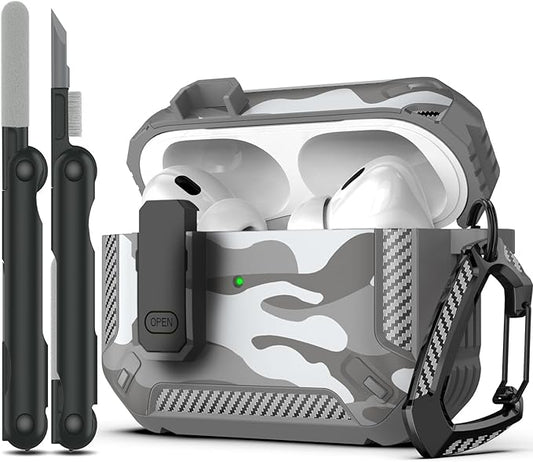 RFUNGUANGO for AirPods Pro 2nd Generation Case Cover with Cleaner Kit, Military Hard Shell Protective Armor with Lock for AirPod Gen 2 Charging Case2023, 2022, Front LED Visible,Grey Camou