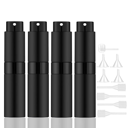 Lil Ray 8ml Portable Mini Perfume Atomizer(4 PCS)，Refilable Empty Small Spray Bottle for Travel, Twist Type Pocket Cologne Sprayer (Matte Black)
