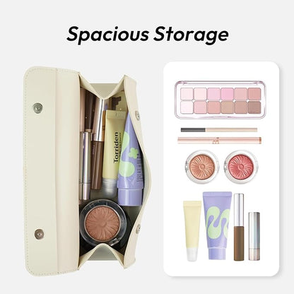 carrotez Stylish PU Leather Makeup Bag: Versatile Travel Toiletry Bag & Cosmetic Pouch, Small Makeup Organizer for Purse Essentials - Ideal Makeup Brush Holder & Sunglasses Case for Women - Cream