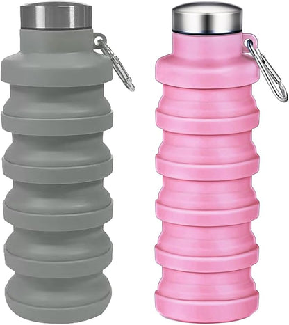 Collapsible Water Bottle,16oz Capacity Portable Reusable Silicone Water Bottle,Leak-proof,with buckle,foldable storage,Lightweight Durable for Fitness,Cycling,Sports,Camping,Hiking (Grey+Pink)