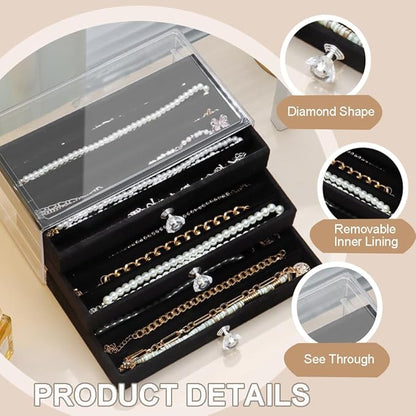 SPAKOWN Necklace Organizer Box, Velvet Necklace Box Holder Tray with Clear Lid Chains Showcase Stackable Necklace Storage for Pendant Bracelet (3 Drawers - Black)