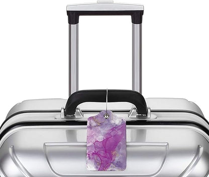 2 Pack Abstract Purple Luggage Tag for Suitcases Women, Art Painting Violet and Gold Marble PU Leather Airport Travel Bag Tags for Cruise Ships, Baggage Name Tags with with Full Back Privacy Cover