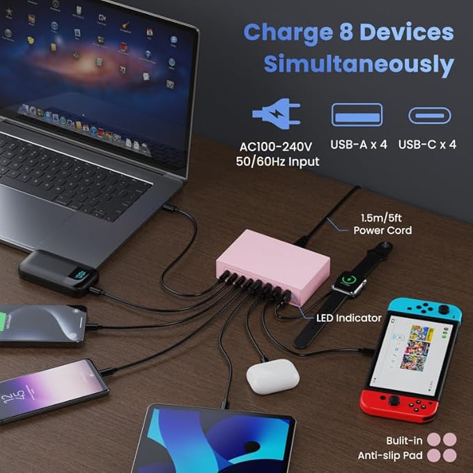 200W USB C Charger Block, 8-in-1 GaN III USB C Fast Charging Station Hub, PD 65W Laptop Adapter Travel Charging for MacBook Pro/Air/Dell XPS/iPhone 16/15/14/iPad/Galaxy S24 (Pink)
