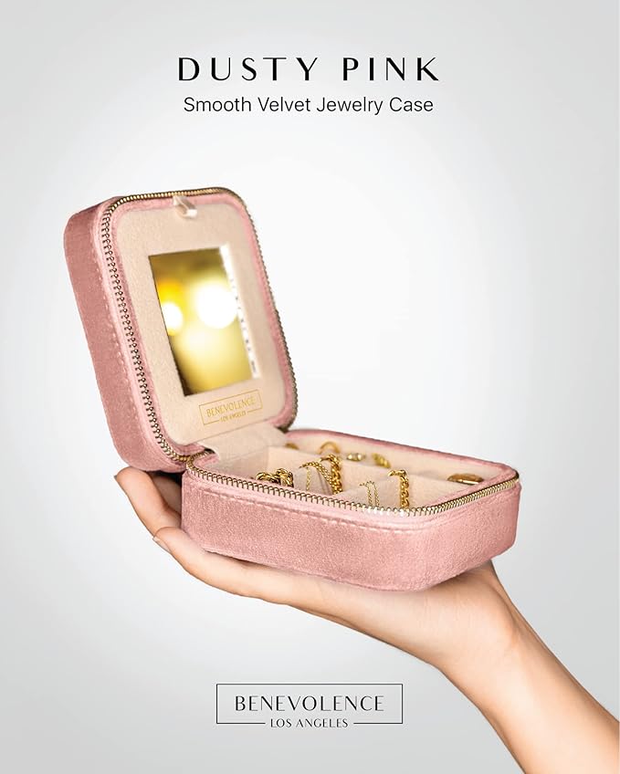 Benevolence LA Plush Velvet Jewelry Box | Travel Jewelry Case Organizer with Mirror | Featured in Oprah's Favorite Things | Best Gifts For Daughter, Girlfriend, Mom | Gifts For Her - Dusty Pink