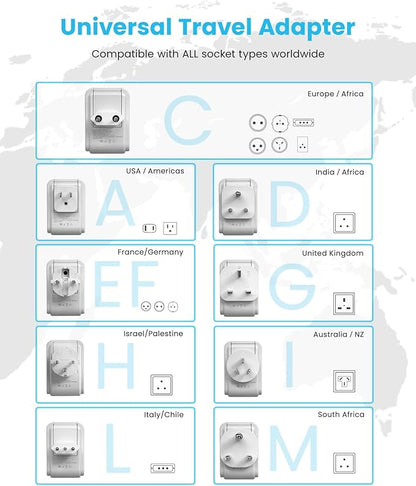 VINTAR Universal Travel Adapter Kit, International Power Adapter with 3 USB Ports (2 USB C, 3.4A) and 2 AC, Type A,C,D,E/F,G,H,I,L,M Detachable Attachments, Adapter for India/Africa/EU/UK//AU/JP/US