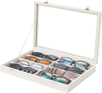 Coward Sunglass Organizer Tray Box, Beige Velvet Grids Eyeglasses Display Tray Case with Transparent Glass Lid for Home Use or Store Shop Selling Show