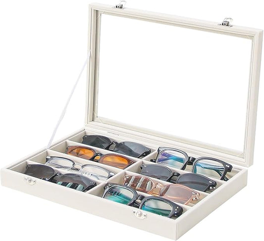Coward Sunglass Organizer Tray Box, Beige Velvet Grids Eyeglasses Display Tray Case with Transparent Glass Lid for Home Use or Store Shop Selling Show