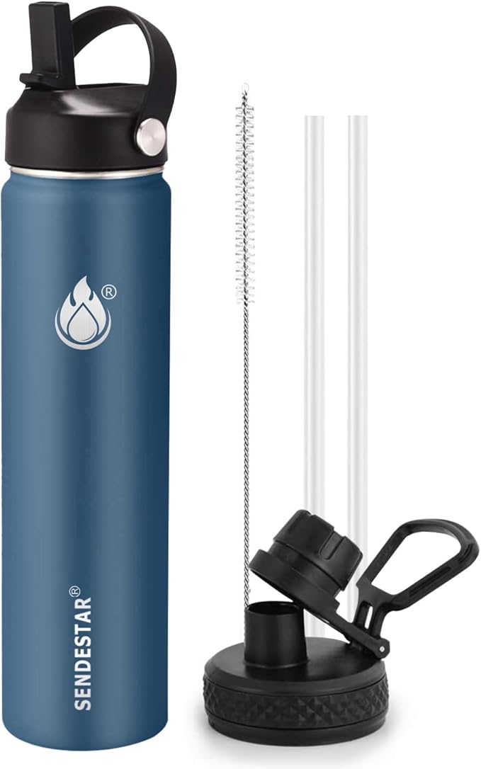 Insulated Water Bottle 24 oz with Straw, Stainless Steel Wide Mouth Water Bottle, Double Wall Vacuum Leak Proof with Straw Lid & Spout Lid for Sports or Office, Keep Cold or Hot Up to 24 Hrs