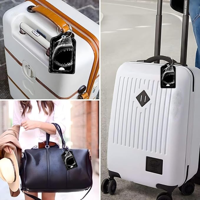 Funny PU Leather Luggage Tags 2-Pack Ocean Shark Mouth Cute Pattern Suitable for Suitcase Stainless Steel Loop and Address Card Essential for Cruise and Airport Travel for Men and Women