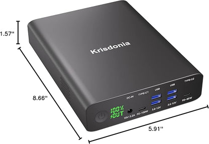 Krisdonia Portable Charger, PD 100W USB C Power Bank 64000mAh Fast Charging External Battery Pack with Dual USB-C PD (100W&65W) & 4 USB-A (QC3.0 18W) for Type-C Laptops, MacBook Pros, XPS, iPad Pro