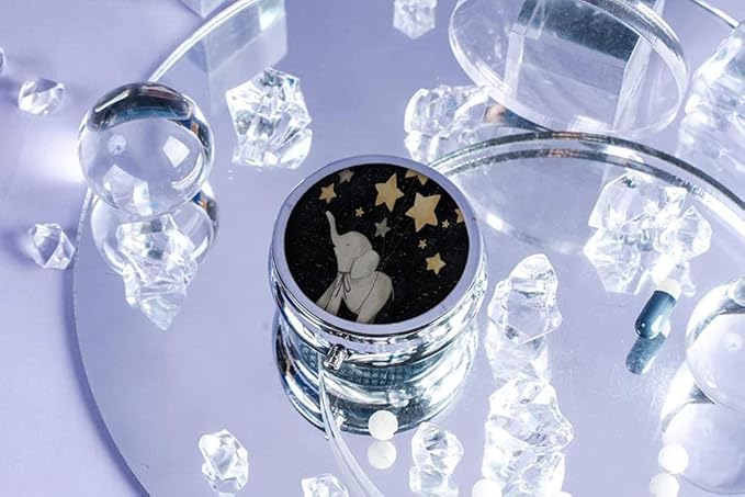 Pill Box,Cute Elephant Under The Star Round Pill Box 3 Compartment Decorative Pocket Purse Portable Mini Travel Medicine Tablet Vitamin Holder Organizer Pill Case