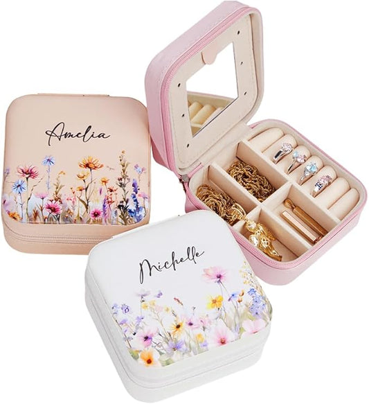 Custom Travel Jewelry Case With Mirror Small Leather Custom Name Birth Flower Jewelry Travel Case Birthday Jewelry Box Christmas Gifts For Mother Grandma Daughter Women Size 4×4×2INCH