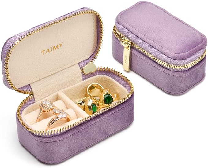 TAIMY Small Travel Jewelry Case, Mini Tiny Plush Velvet Jewelry Box for Women and Girls, Pocket Size Jewelry holder organizer for Rings Earrings and Small Items(Lavender)