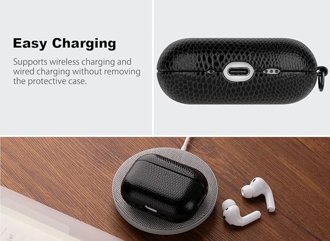 Handmade Case - for AirPods Pro 2 Case Cover with Carabiner - Selected Vegan Leather, Lizard Skin Texture, Drop Protection Hard Shell Cover for AirPods Pro 2nd Generation Earbuds - Black