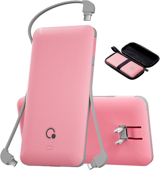 Q 10000mAh Power Bank, Slim Portable Charger,4 Output External Battery Pack with Built-in AC Wall Plug Micro USB C 3 Cables Compatible with iPhone Samsung Android Phone Tablet and More