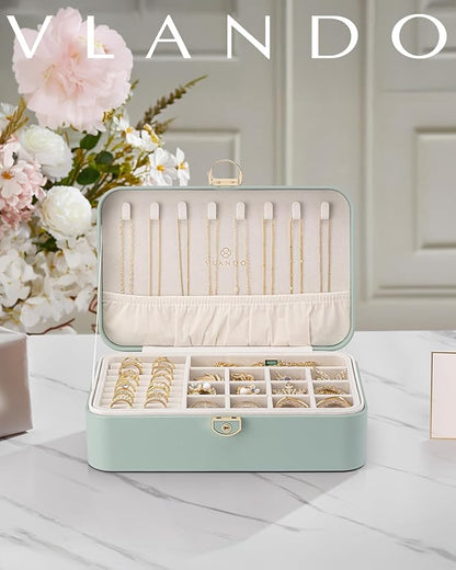 Vlando Jewelry Box Organizer for Women Girls, 2 Layer Jewelry Case with Lock,Jewelry Storage Earrings Necklace,Rings,Gift Box Packaging,Wedding Birthday Gifts Aqua Green
