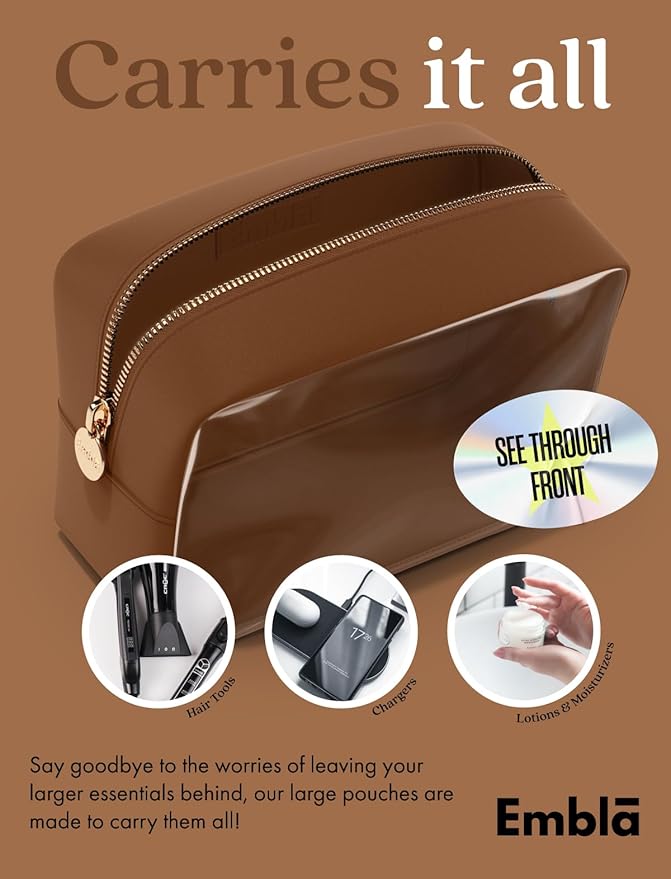 Embla Clear Cosmetic Bag Makeup Case, Clear Zipper Make Up Pouch and Toiletry Travel Tote, Cute Skincare Pouches for Women Girls, Preppy Purse Cosmetic Organizer, Large Makeup Bags, Chocolate