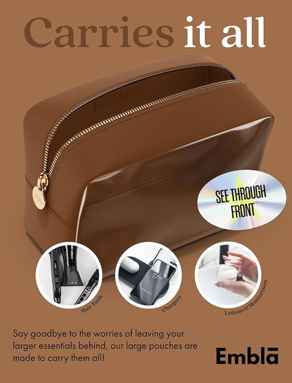Embla Clear Cosmetic Bag Makeup Case, Clear Zipper Make Up Pouch and Toiletry Travel Tote, Cute Skincare Pouches for Women Girls, Preppy Purse Cosmetic Organizer, Large Makeup Bags, Chocolate