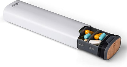 7 Day Weekly Pill Organizer by mbarc - Premium Stylish Aluminum and Wood Large Capacity Pill Box for Supplements, Pills, Vitamins and Medicine. (White)