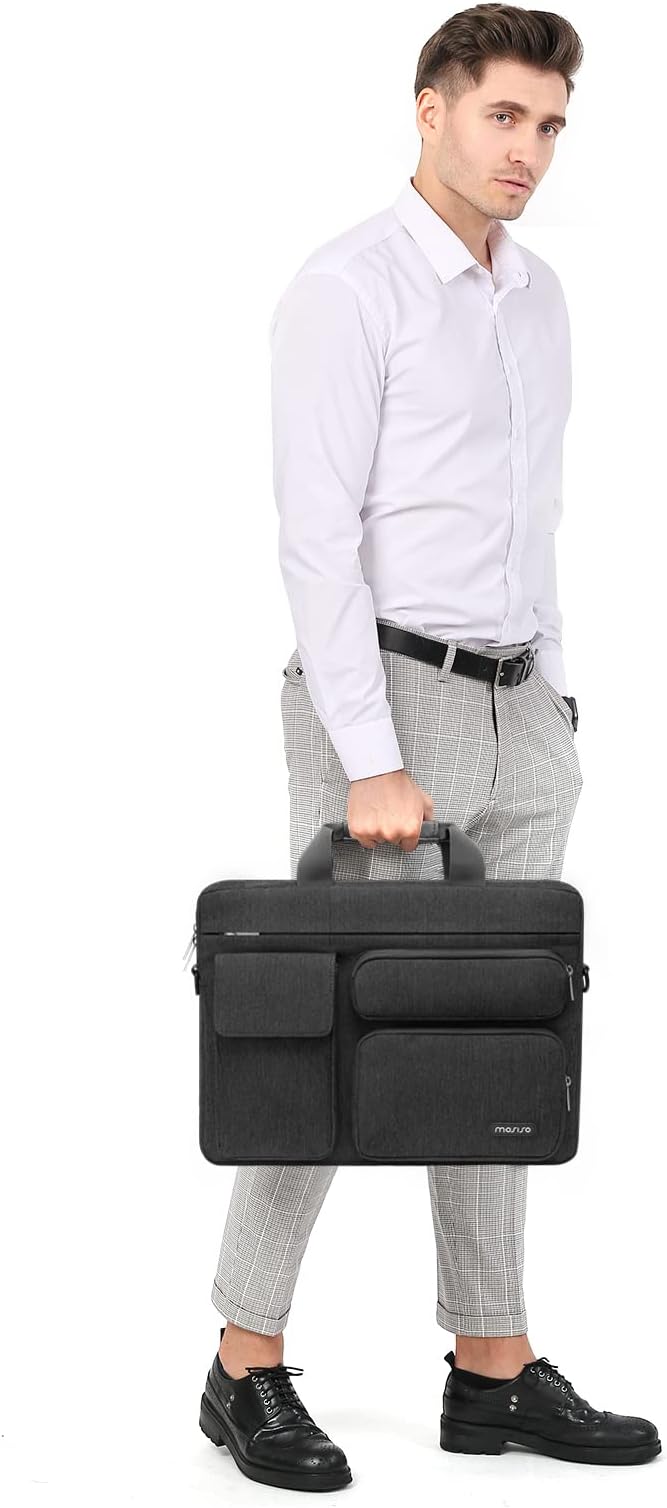 MOSISO Laptop Shoulder Bag 13.3 inch, 13-14 inch Computer Bag Compatible with MacBook Air/Pro 13 / Pro 14, HP Dell ASUS Lenovo with 2 Raised&1 Flapover&1 Horizontal Pocket&Handle&Belt, Slate Gray