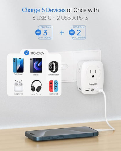 BEONDON European Travel Adapter Kit with Detachable Plugs (C/E/F/G) for UK, France, Germany, Italy, Spain & More - 2 US Outlets & 5 USB Ports (3 USB C) - Multi-Device Charger