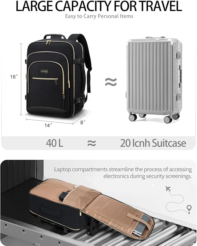 40L Travel Backpack for Women, Carry On Bag Flight Approved, Waterproof Backpacks with 3 Packing Cubes, Weekender Personal Item Backpack for Airplane Travel Essentials, TSA Approved