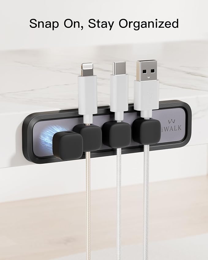 iWALK Magnetic Cable Holder,Reusable Adhesive Desktop Cord Organizer for 2-6mm Cables,4 Clips for Lightning & USB C/Micro Cables,Sticks to Wood,Glass,Metal, Marble,2-Pack,Black