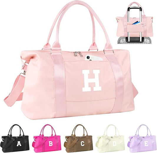 Initial Travel Duffel Bag Sports Gym Bag for Girls Teen Birthday Gifts,Pink Personalized Weekender Bag Carry On Tote Bags for Women Men,Waterproof Overnight Luggage Bag with Trolley Sleeve(Letter H)
