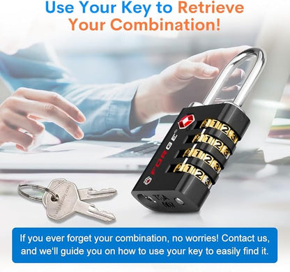 Forge Dual-Opening: Key or Combination Access Lock, TSA Approved Locks for Luggage, Pelican case, Travel, Gym, School, Stainless Steel Shackle. (Black, 4 Pk)
