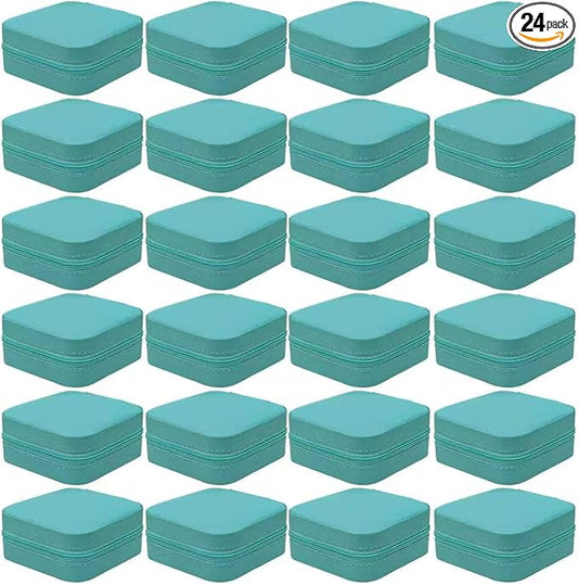 24-Pack Sage Green Travel Jewelry Box Organizer, 3.9" Mini PU Leather Snap Case with Mirror, Bridesmaid Proposal Gift/Wedding Favor, Ring Earring Holder, Compact Portable, Bulk Set