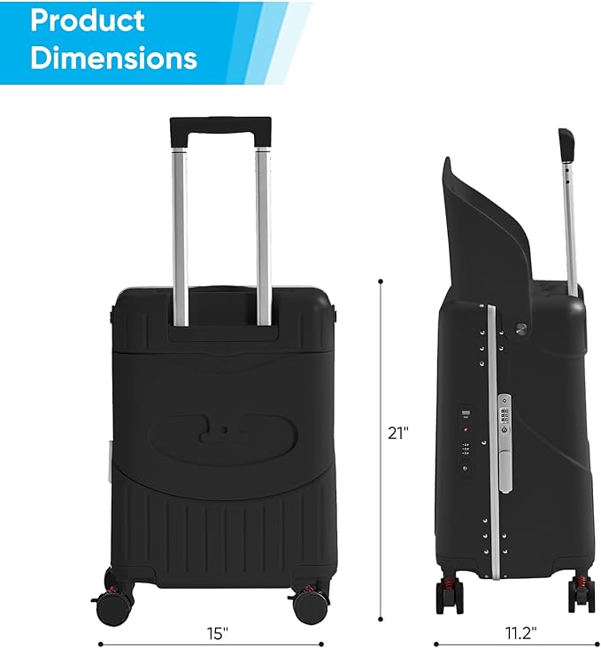 20 Inch Ride on Luggage With Seat For Kids&Adults,with Front Pocket, Foldable Seat Back TSA Approved Lock, 360° Spinner Wheels (20 inch,Black)