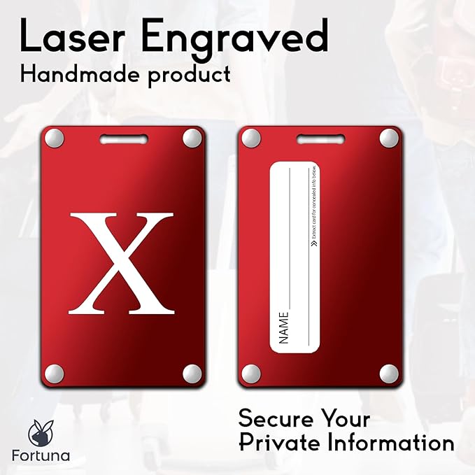 Premium 3-Layer Aluminum Luggage Tags by Fortuna - Easy to Claim, Laser-Engraved, Plastic-Free, and Eco-Friendly Luggage Tag Holders, 2-Pack, Red (X)