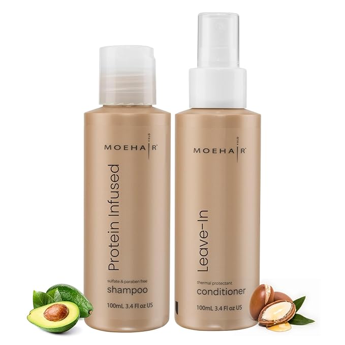 Moehair Travel Size Toiletries (Protein-Infused Shampoo & Leave-In Conditioner)|Travel Shampoo & Conditioner Set | Strengthens & Hydrates Hair | Sulfate & Paraben-Free Set For All Types (3.4 Fl.Oz)