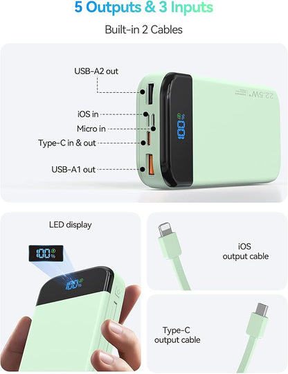 Portable Charger Power Bank 32000mAh with Built in Cables, PD3.0 USB C Fast Phone Charger, 5 Outputs LCD Display Travel Battery Pack Compatible with iPhone, Samsung All Cell Phones (Green)