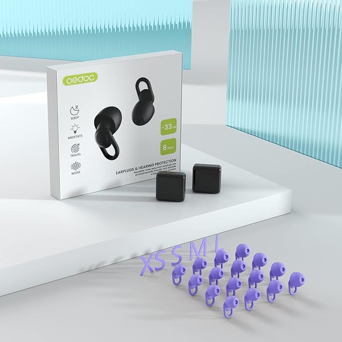 Silicone Ear Plugs for Noise Reduction - Reusable Soft Comfortable Earplugs for Sleeping,Noise Sensitivity & Flights -16 Ear Tips in XS/S/M/L, with 2 Travel Boxes - 33dB Noise Cancelling (Purple)