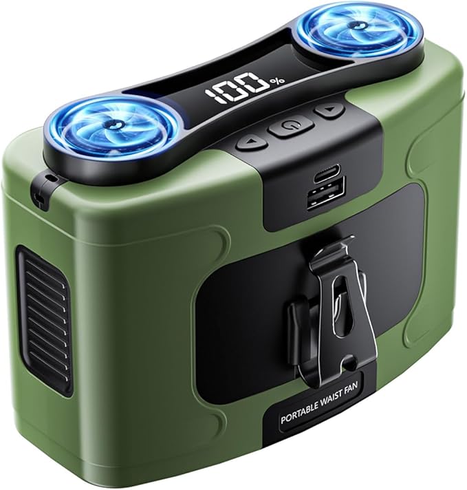 20000mAh Personal Waist Fan, USB Rechargeable Clip The Waist For Working,10 Speed & 40H Cooling and Heatstroke Prevention For Outdoor Travel Camping (K60-green)