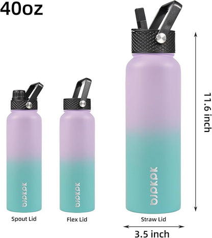 BJPKPK Insulated Water Bottles with Straw Lid, 40oz Stainless Steel Water Bottles with 3 Lids, BPA Free Leakproof Thermo, Tumblers, Cups for Sports, Gym- Lavender Green