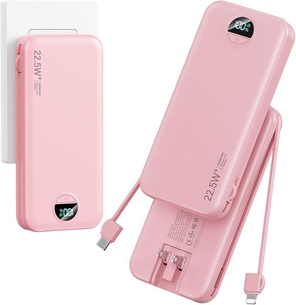 12000mAh Ultra-Portable-Charger-Power-Bank with Built in Cables&AC Wall Plug,PD20W USB-C Fast Charging Cell Phone Charger Battery Pack,LED Display Travel Battery Bank for All iPhone,Samsung,Android