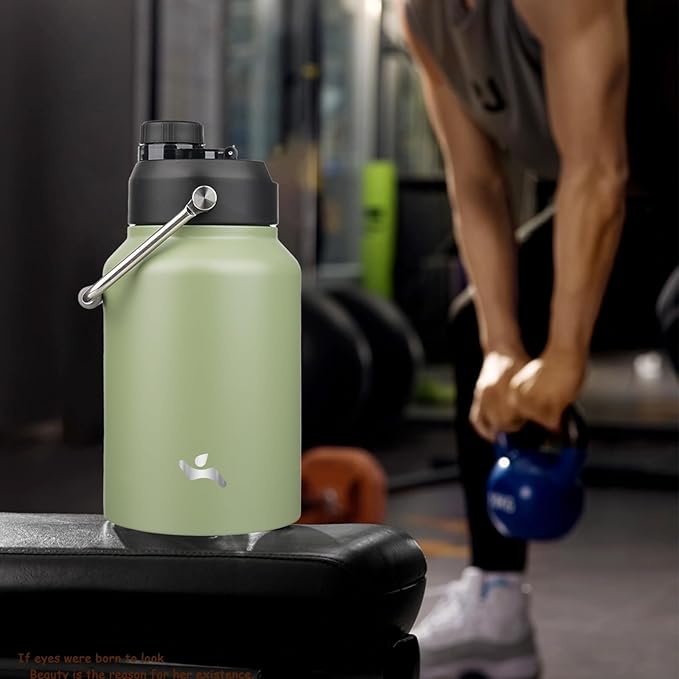 Half Gallon Jug with Handle,64 oz Insulated Water Bottle with Carrying Pouch,Double Wall Vacuum Stainless Steel Metal Bottle,Camp Green
