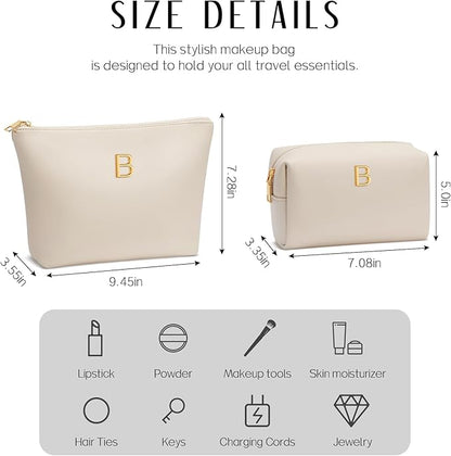 Women Gifts | Initial Makeup Bag Set for Girl Personalized Gifts for Bridesmaid Friend Graduation Teachers PU Leather Cosmetic Travel Toiletry Bag(Beige,B)