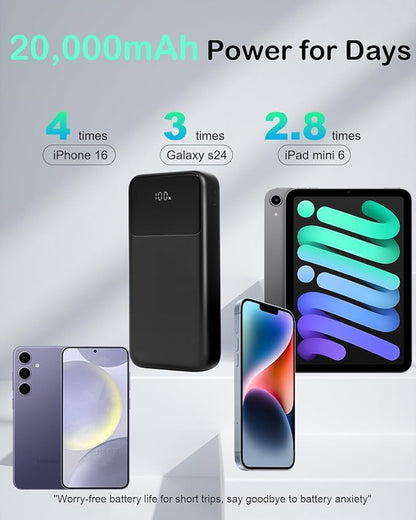 Portable Charger 20000Mah with 2 Built-in Cable,22.5W Power Bank Fast Charging,Travel Essentials Battery Pack,Digital Display Compatible with iPhone 16 15 14 13 Samsung Android Phone Etc