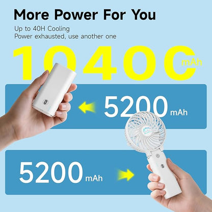 HandFan 10400mAh Portable Hand held Fan, 40Hrs Long-Lasted Hand Fan Rechargeable, Mini Personal Fans Foldable, Heavy Duty Battery Fans for Travel Beach Concerts Cruise Makeup(White)