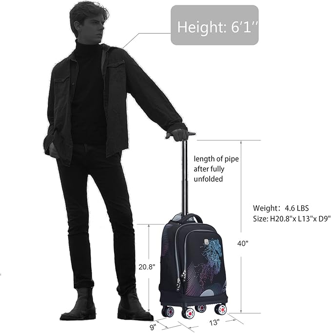 UNIKER Rolling Backpack with Wheels for Travel, Roller Backpack for Women, Wheeled Laptop Bag Fits 15.6 Inch Notebook