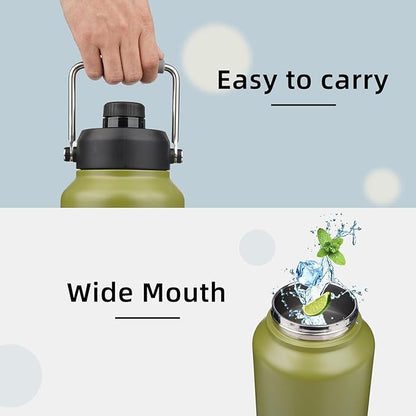 1 Gallon Jug with Handle,128 oz Insulated Water Bottle with Carrying Pouch, Double Wall Vacuum Stainless Steel Metal Bottle,Forest Green