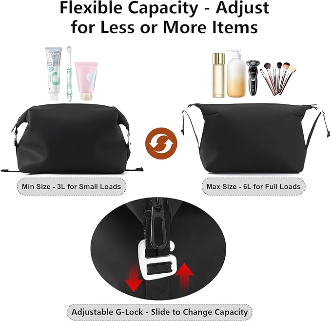 Vomgomfom 6L 13 Inch Silicone Toiletry Bag, Waterproof Leakproof Travel Cosmetic Organizer, Adjustable G-Buckle Compression Dopp Kit, Foldable Makeup Bag for Women & Men (Black, 13" 6L)