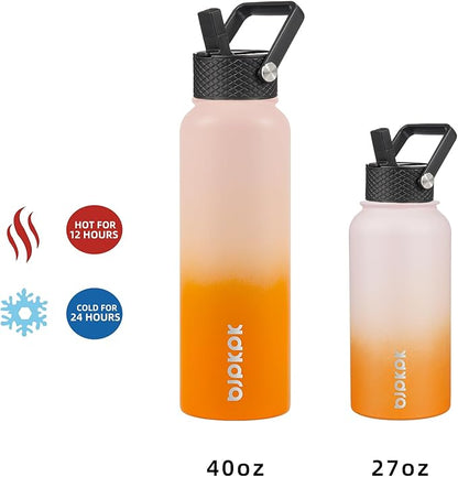 BJPKPK Insulated Water Bottles with Straw Lid, 40oz Stainless Steel Water Bottles with 3 Lids, BPA Free Leakproof Thermo, Tumblers, Cups for Sports, Gym- Coral