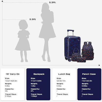 Somago 4 Piece Kid's Luggage with Backpack Set for Boys Girls Spinner 18" Hardside PC Rolling Carry on Suitcase with TSA Lock (Cherry Navy)